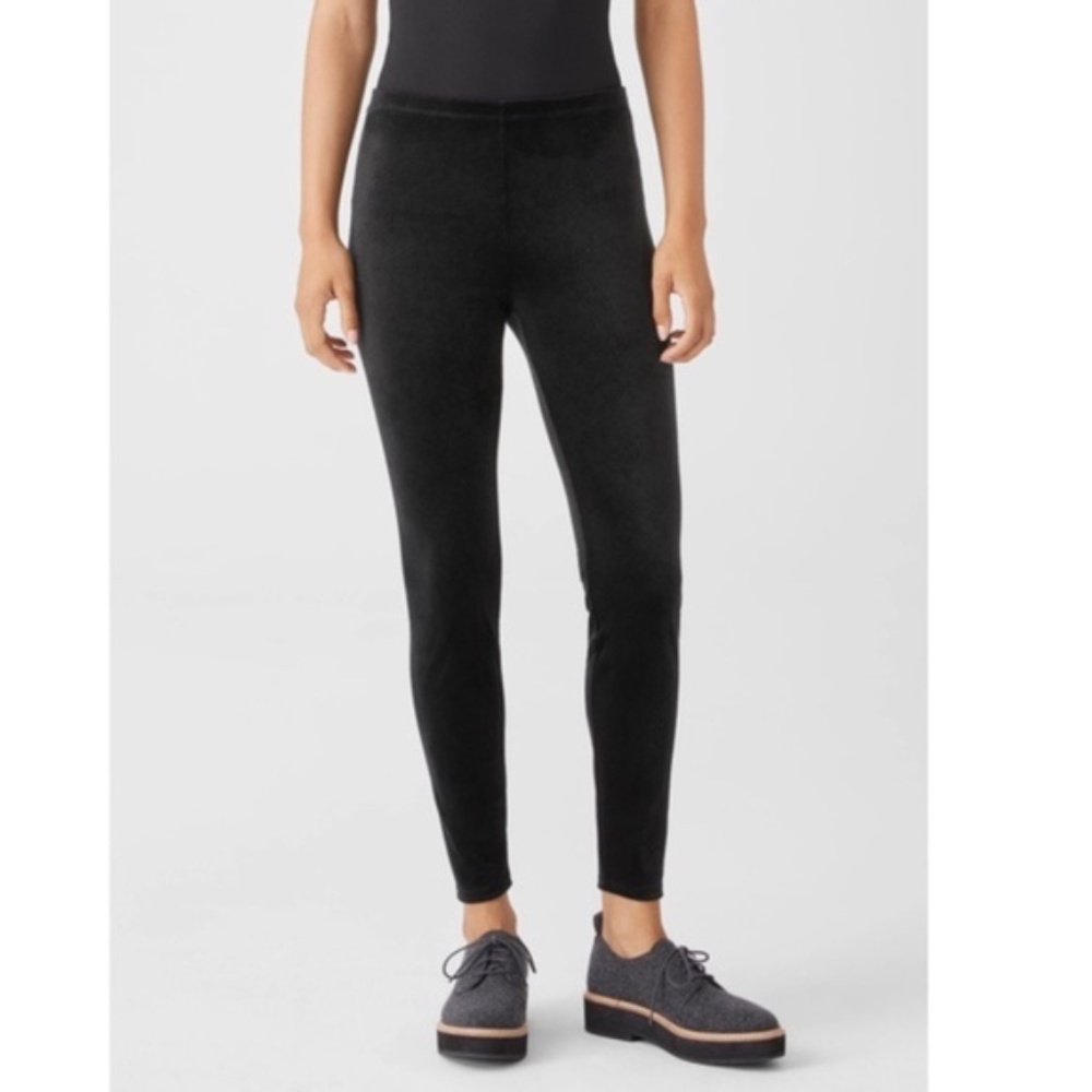 NWT New Eileen Fisher Black Ankle Length Slim Fit Stretch Velvet Knit Leggings - Picture 2 of 7